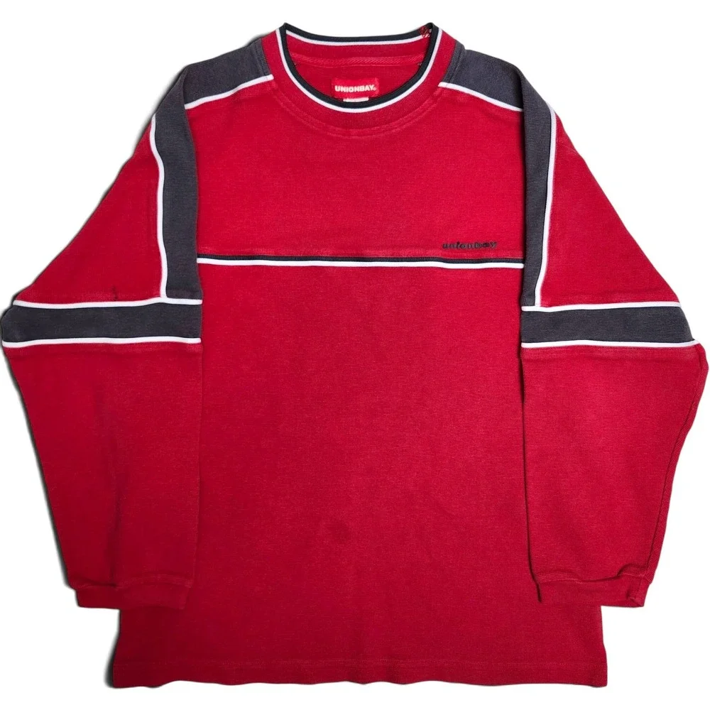Vintage Y2K Unionbay Colorblock Waffle Knit Long Sleeve Red L Skater Streetwear